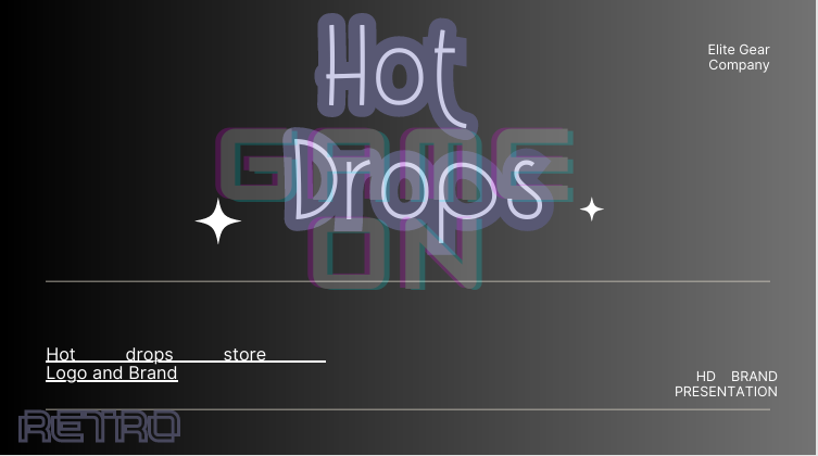 A dark grey gradient presentation slide featuring the text "Hot Drops" in a neon-style font, with "Elite Gear Company" in the corner and a "Retro" logo at the bottom.